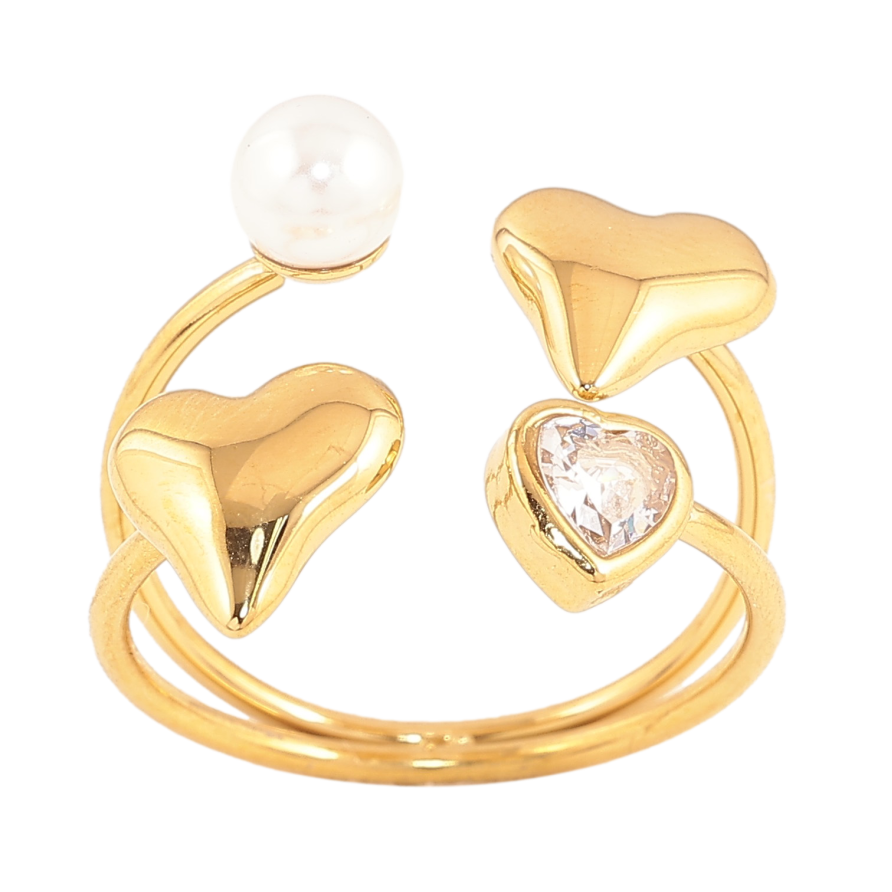 Кольцо Xuping TTM Stainless Steel цвет 14К "Сердечки с жемчужиной и кристаллом" фото №1