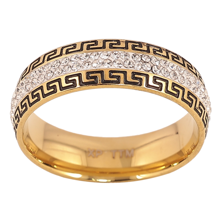 Каблучка Xuping TTM Stainless Steel колір 14К "Візерунок з кристалами і меандровими лініями", шир. 6мм фото №12 Каблучка Xuping TTM Stainless Steel колір 14К "Візерунок з кристалами і меандровими лініями", шир. 6мм фото №12