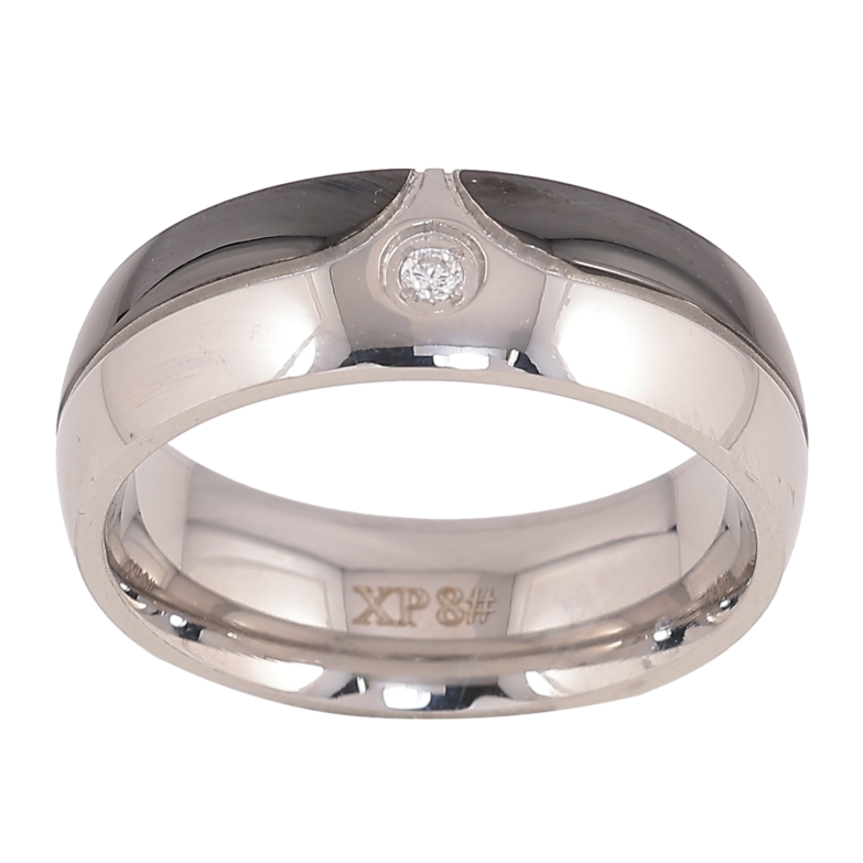 Каблучка Xuping TTM Stainless Steel колір Родій "Візерунок з чорною емаллю і кристалом" шир. 7мм фото №1