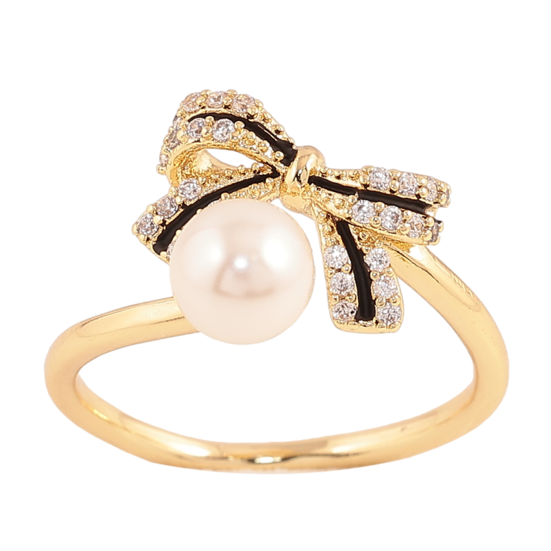Кольцо Xuping цвет Позолота 14K "Бант с кристаллами, черной эмалью и жемчужиной" фото №1