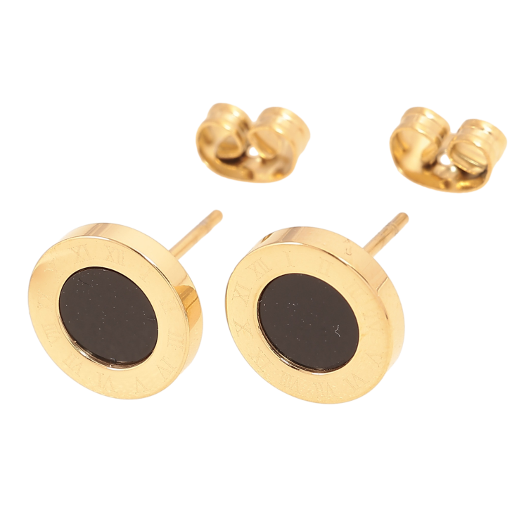 Серьги Xuping TTM Stainless Steel цвет 14К пусеты "Циферблат с черными вставками" ø 10мм фото №3