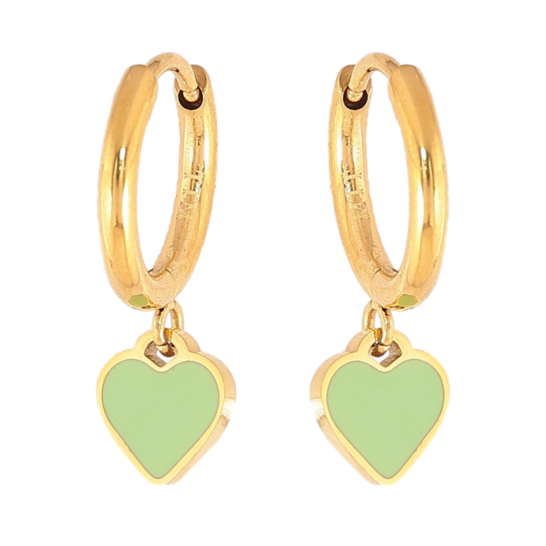 Серьги Xuping TTM Stainless Steel цвет 14К подвески на колечках "Сердечки с салатовой эмалью" фото №1