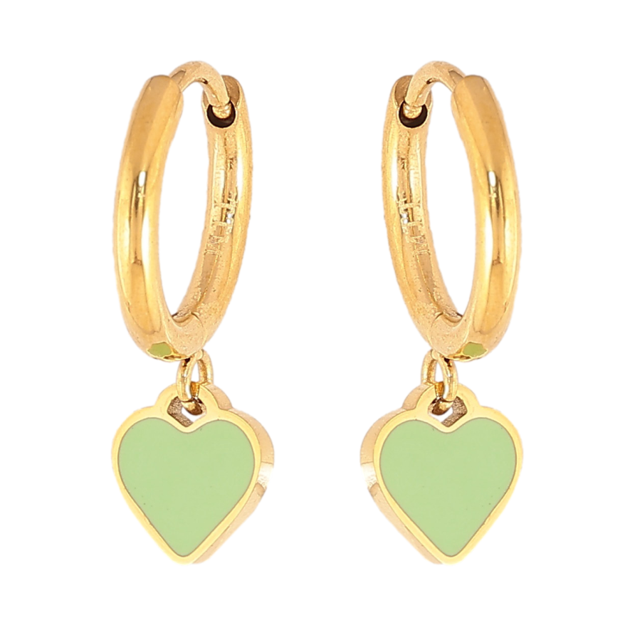 Сережки Xuping TTM Stainless Steel колір 14К підвіски на колечках "Сердечки з салатовою емаллю" фото №1