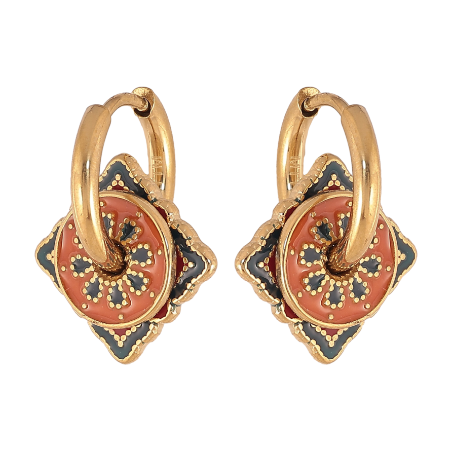 Серьги Xuping TTM Stainless Steel цвет 14К подвески на колечках "Узор эмалью" 2 в 1 фото №1