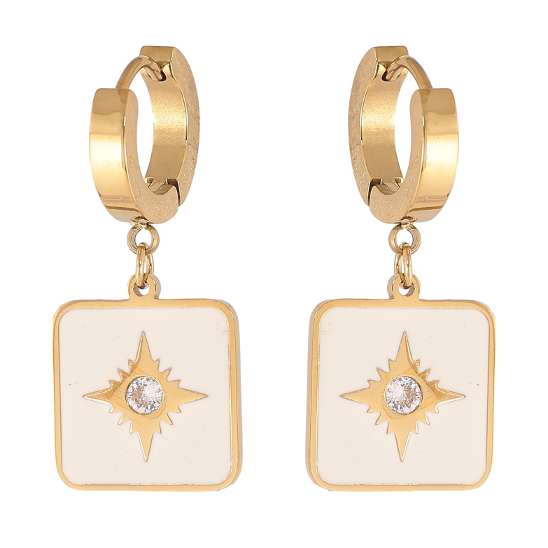 Сережки Xuping TTM Stainless Steel колір 14К підвіски на колечках "Візерунок з білою емаллю та кристалами" фото №1