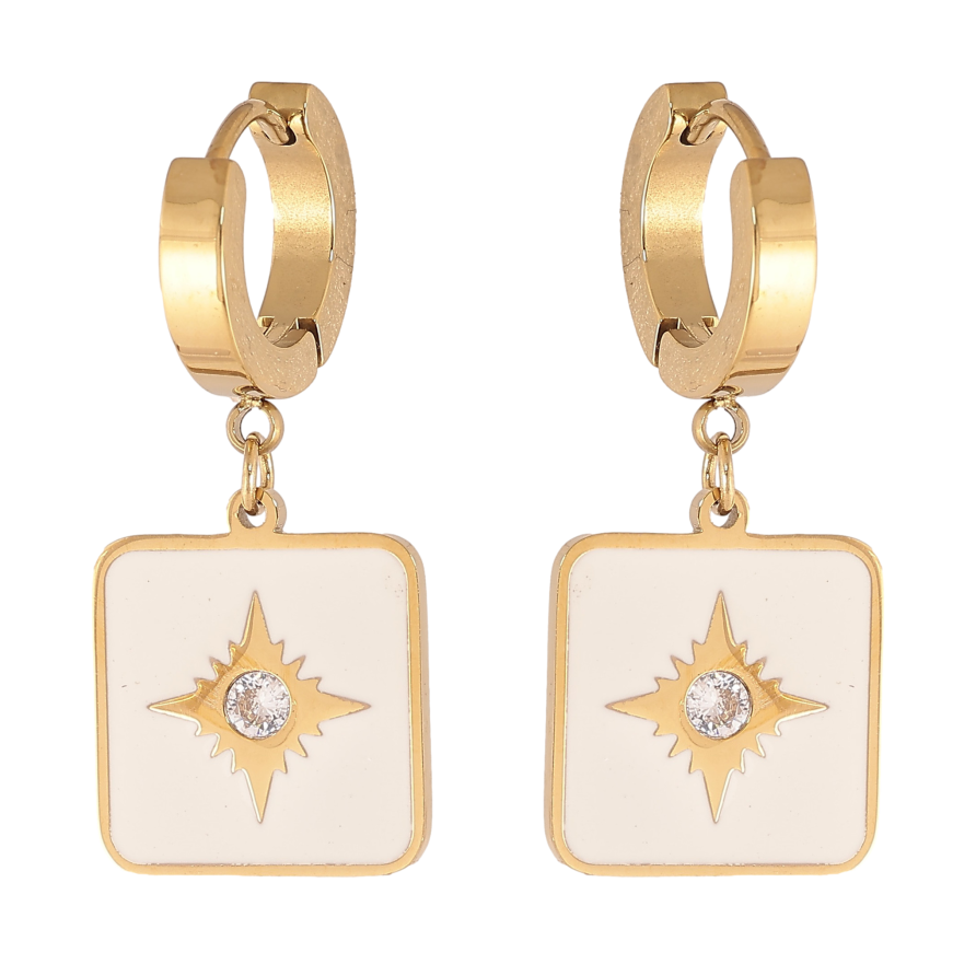 Сережки Xuping TTM Stainless Steel колір 14К підвіски на колечках "Візерунок з білою емаллю та кристалами" фото №1