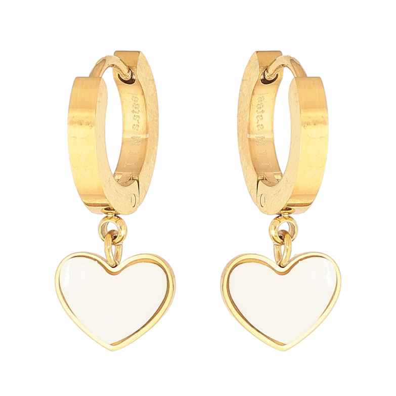 Сережки Xuping TTM Stainless Steel колір 14К підвіски на колечках "Сердечки з перламутровими вставками" фото №1