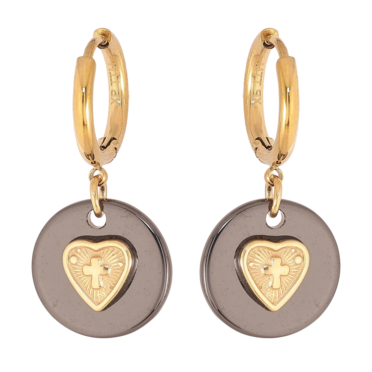 Сережки Xuping TTM Stainless Steel колір 14К підвіски на колечках "Підвіски з чорної кераміки з сердечками" фото №3 Сережки Xuping TTM Stainless Steel колір 14К підвіски на колечках "Підвіски з чорної кераміки з сердечками" фото №3