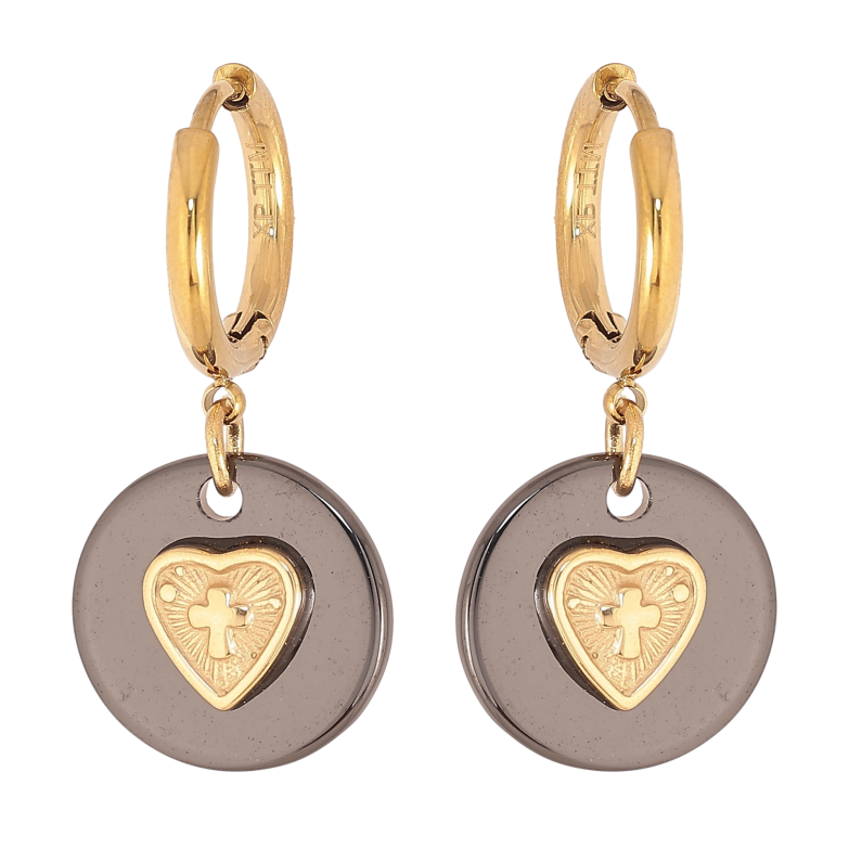Сережки Xuping TTM Stainless Steel колір 14К підвіски на колечках "Підвіски з чорної кераміки з сердечками" фото №1