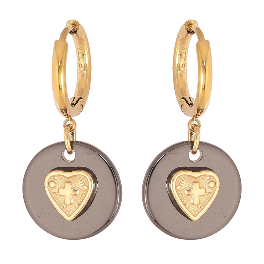 Сережки Xuping TTM Stainless Steel колір 14К підвіски на колечках "Підвіски з чорної кераміки з сердечками" фото №1