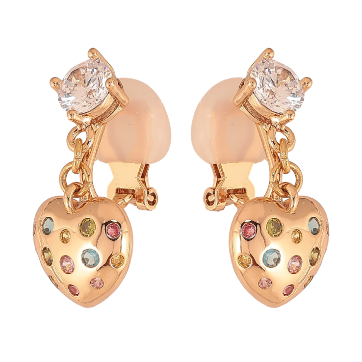 Сережки Xuping колір Позолота 18К кліпси "Сердечки з кольоровими кристалами" фото №4