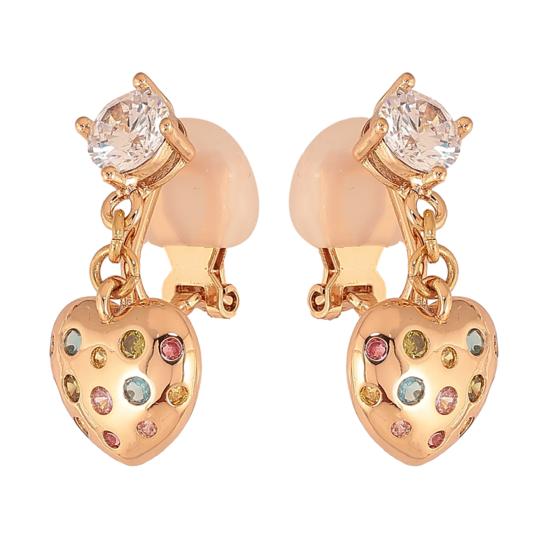 Сережки Xuping колір Позолота 18К кліпси "Сердечки з кольоровими кристалами" фото №1 Сережки Xuping колір Позолота 18К кліпси "Сердечки з кольоровими кристалами" фото №1