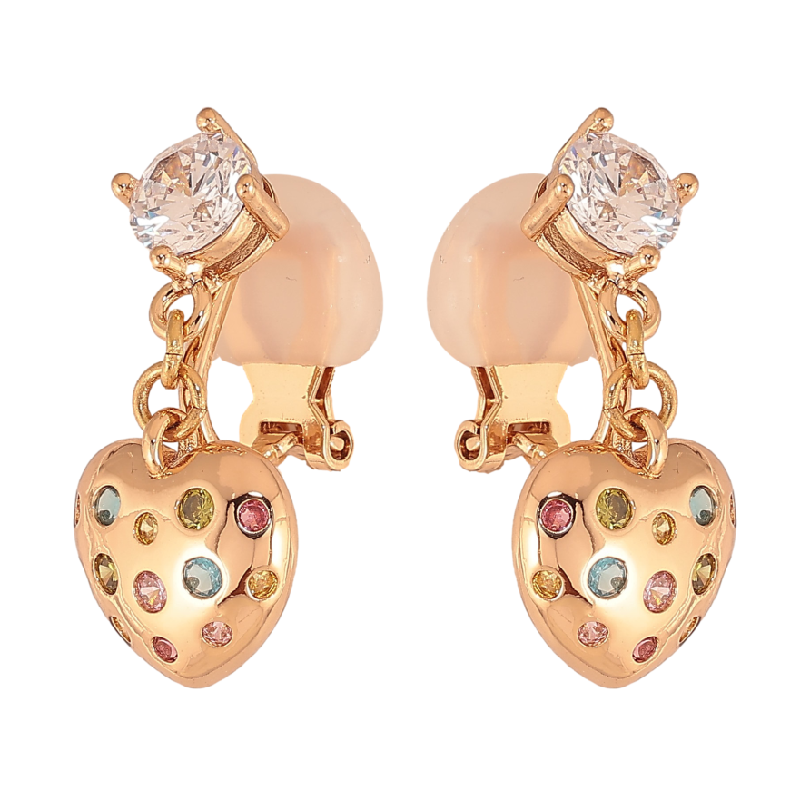 Сережки Xuping колір Позолота 18К кліпси "Сердечки з кольоровими кристалами" фото №1 Сережки Xuping колір Позолота 18К кліпси "Сердечки з кольоровими кристалами" фото №1