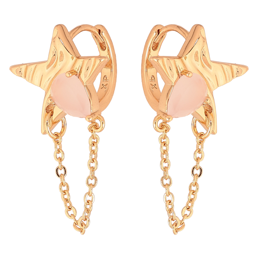 Серьги Xuping цвет Позолота 18К подвески на колечках "Звезды с розовыми кристаллами и цепочками" фото №1