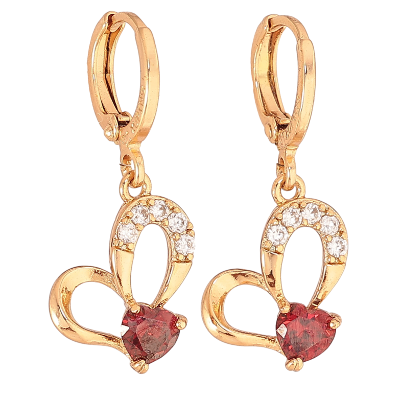 Сережки Xuping колір Позолота 18К підвіски на колечках "Сердечки з червоними кристалами" на один бік фото №1 Сережки Xuping колір Позолота 18К підвіски на колечках "Сердечки з червоними кристалами" на один бік фото №1