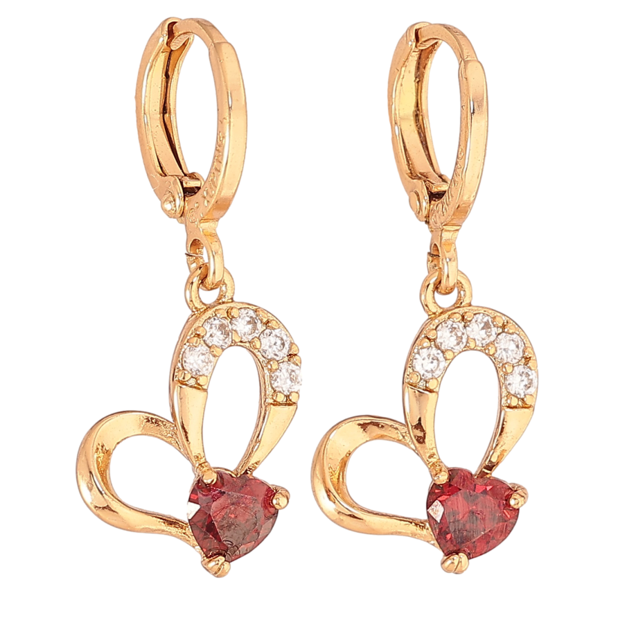 Сережки Xuping колір Позолота 18К підвіски на колечках "Сердечки з червоними кристалами" на один бік фото №1 Сережки Xuping колір Позолота 18К підвіски на колечках "Сердечки з червоними кристалами" на один бік фото №1