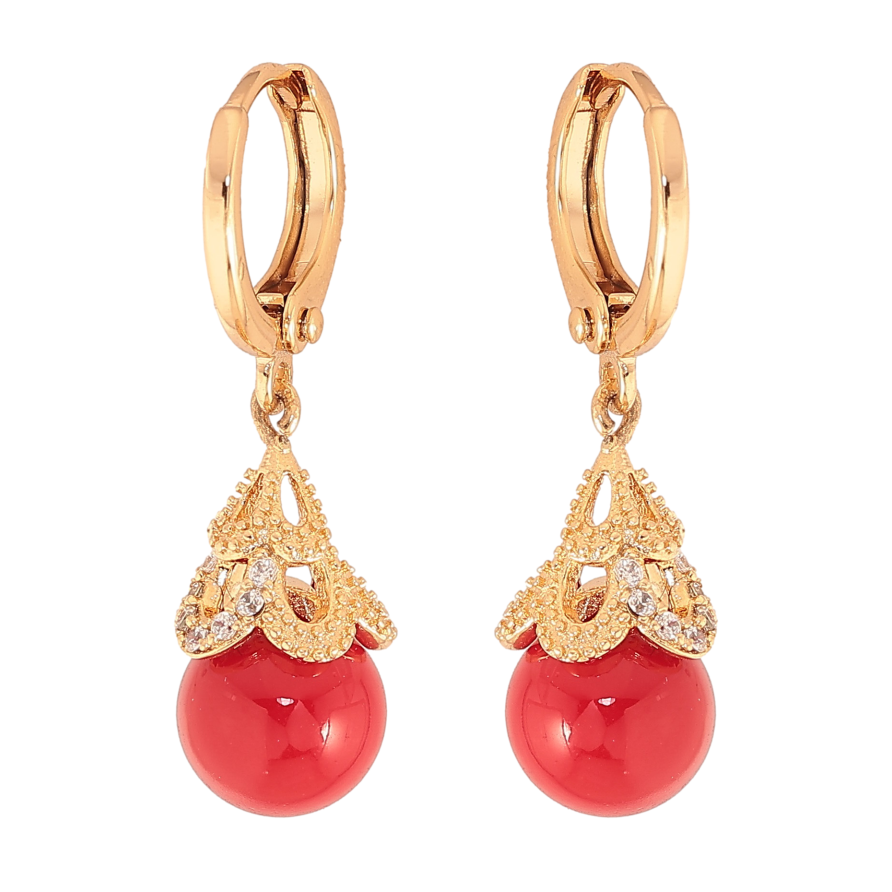 Серьги Xuping цвет Позолота 18К подвески на колечках "Красные шарики" фото №1