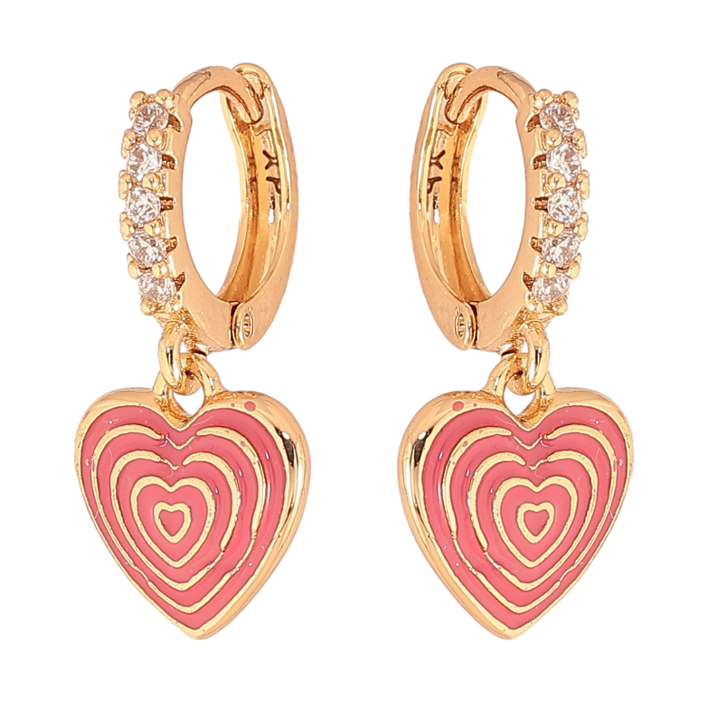 Сережки Xuping колір Позолота 18К підвіски на колечках "Сердечки з візерунком рожевою емаллю" фото №1