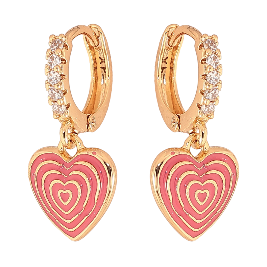 Сережки Xuping колір Позолота 18К підвіски на колечках "Сердечки з візерунком рожевою емаллю" фото №1