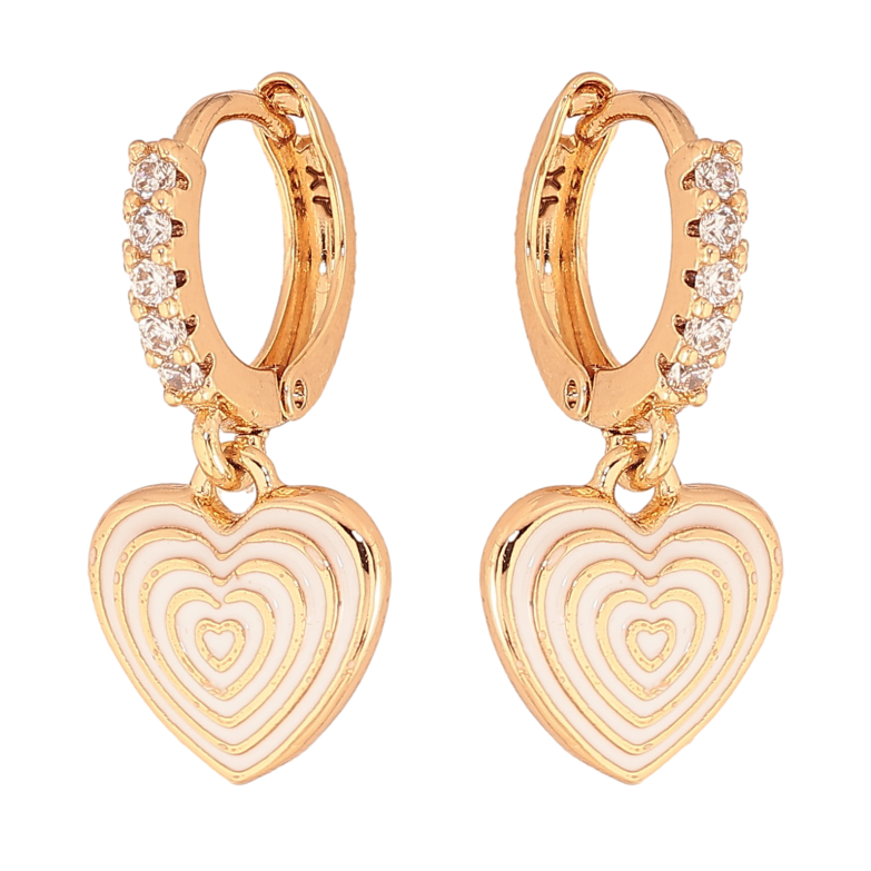 Сережки Xuping колір Позолота 18К підвіски на колечках "Сердечки з візерунком білою емаллю" фото №1