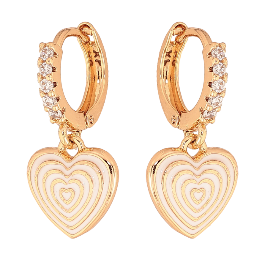Серьги Xuping цвет Позолота 18К подвески на колечках "Сердечки с узором белой эмалью" фото №1