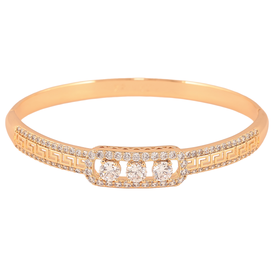 Браслет Xuping колір Позолота 18K "Грецький орнамент з доріжками цирконію та вставкою три кристали" ø 6см фото №1 Браслет Xuping колір Позолота 18K "Грецький орнамент з доріжками цирконію та вставкою три кристали" ø 6см фото №1