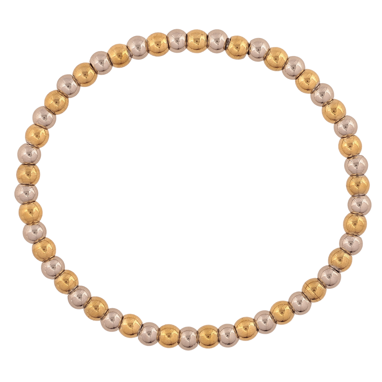 Браслет Xuping ТТМ Stainless Steel колір 14К+Родій "Золотисто-сріблясті намистини на резинці" вільний розмір, ø 4мм фото №1