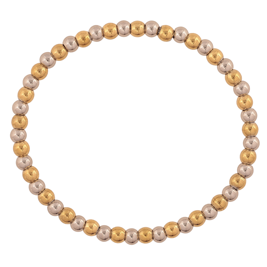 Браслет Xuping ТТМ Stainless Steel колір 14К+Родій "Золотисто-сріблясті намистини на резинці" вільний розмір, ø 4мм фото №1