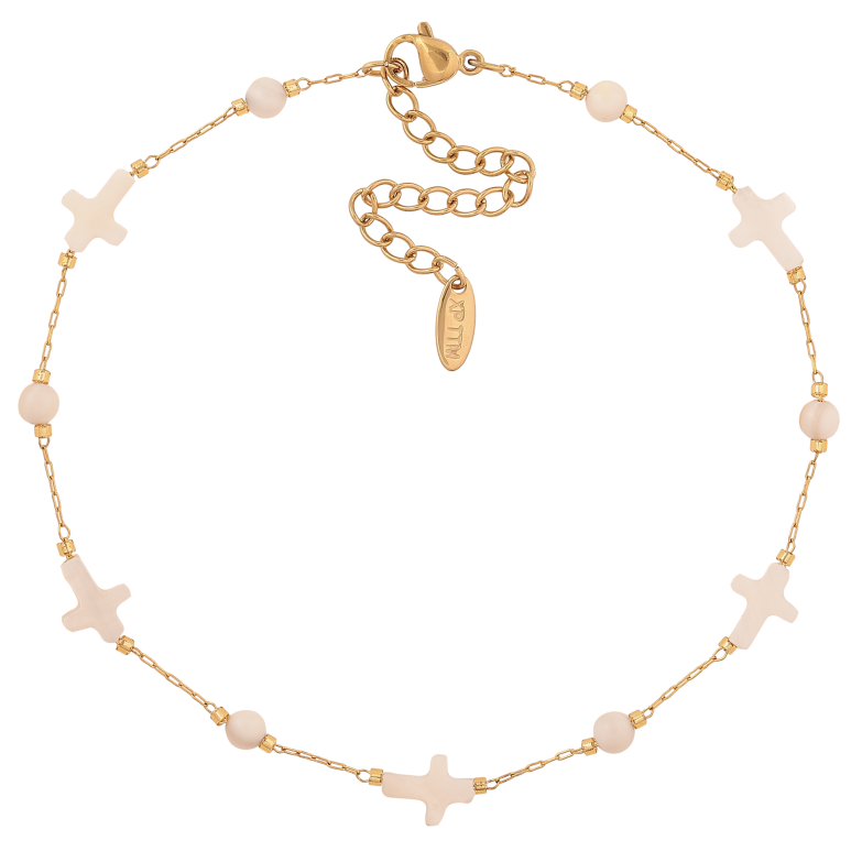 Браслет Xuping ТТМ Stainless Steel колір 14К на ногу "Ланцюжок з перламутровими хрестиками і намистинами" довжина з доп. ланцюжком 24.5-30см х 1-8мм фото №2