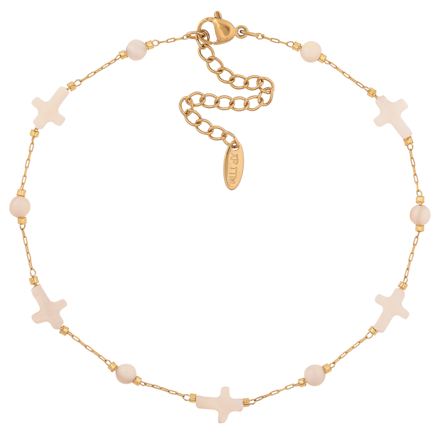 Браслет Xuping ТТМ Stainless Steel колір 14К на ногу "Ланцюжок з перламутровими хрестиками і намистинами" довжина з доп. ланцюжком 24.5-30см х 1-8мм фото №1