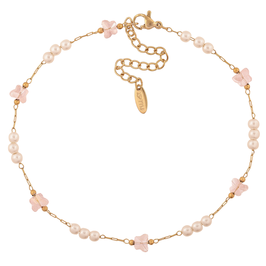 Браслет Xuping ТТМ Stainless Steel колір 14К на ногу "Ланцюжок з рожевими метеликами та перлинними намистами" довжина з дод. ланцюжком 25-30.5см х 1-6мм фото №1