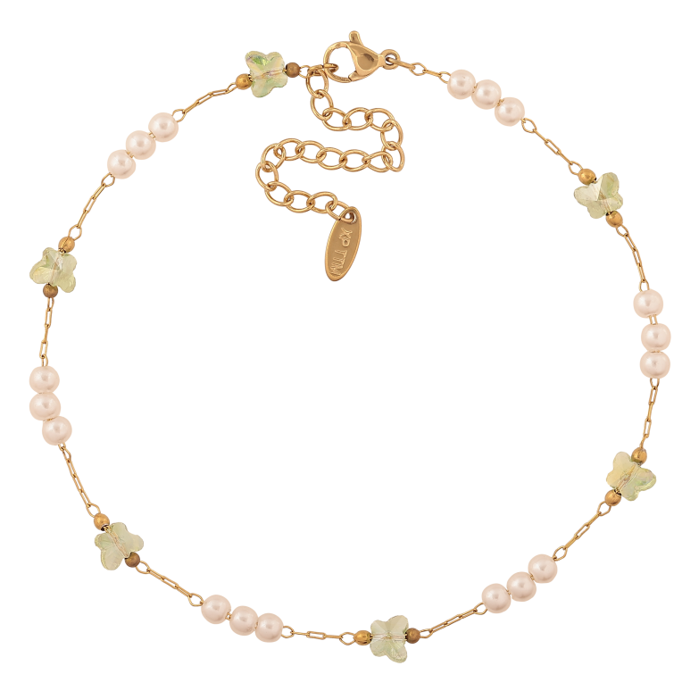 Браслет Xuping ТТМ Stainless Steel колір 14К на ногу "Ланцюжок із зеленими метеликами та перлинними бусинами" довжина з доп. ланцюжком 24.5-30см х 1-6мм фото №7