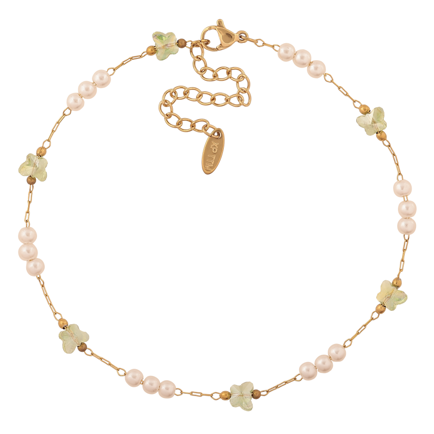 Браслет Xuping ТТМ Stainless Steel колір 14К на ногу "Ланцюжок із зеленими метеликами та перлинними бусинами" довжина з доп. ланцюжком 24.5-30см х 1-6мм фото №1