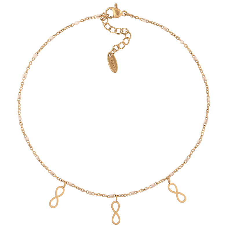 Браслет Xuping ТТМ Stainless Steel колір 14К на ногу "Ланцюжок з білою емаллю та підвісками" довжина з дод. ланцюжком 27.5-30.5см х 1.5мм фото №1