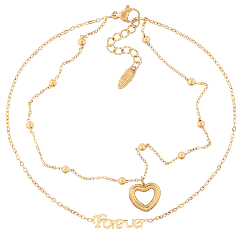 Браслет Xuping ТТМ Stainless Steel цвет 14К на ногу "Двойная цепочка с сердечком и надписью Forever" длина с доп. цепочкой 24.5-28см х 1-3мм фото №1