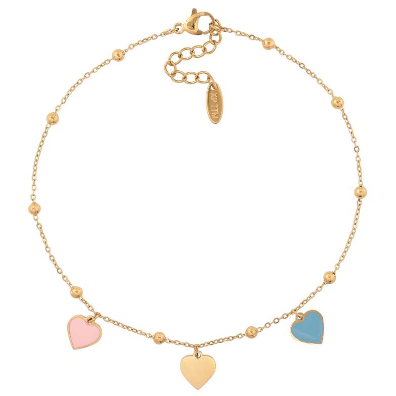 Браслет Xuping ТТМ Stainless Steel цвет 14К на ногу "Цепочка с подвесками сердечками" длина с доп. цепочкой 24.5-27.5см х 1-3мм фото №1