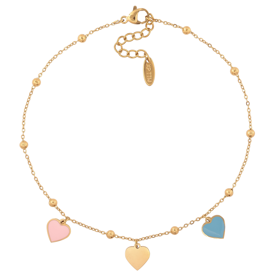 Браслет Xuping ТТМ Stainless Steel колір 14К на ногу "Ланцюжок з підвісками сердечками" довжина з дод. ланцюжком 24.5-27.5см х 1-3мм фото №1