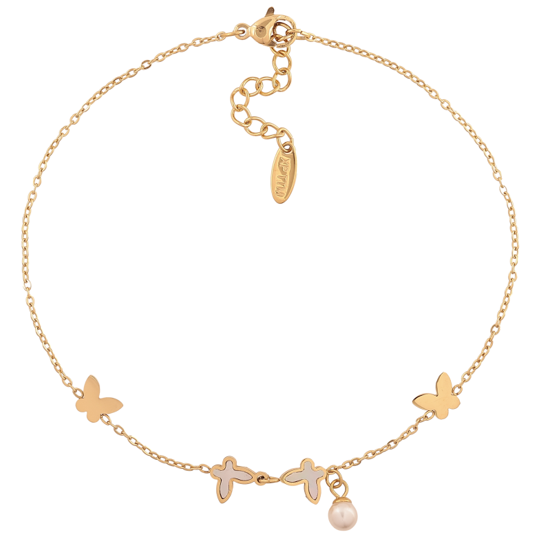 Браслет Xuping ТТМ Stainless Steel колір 14К на ногу "Ланцюжок з метеликами та перлинною підвіскою" довжина з дод. ланцюжком 23.5-26.5см х 1-7мм фото №1