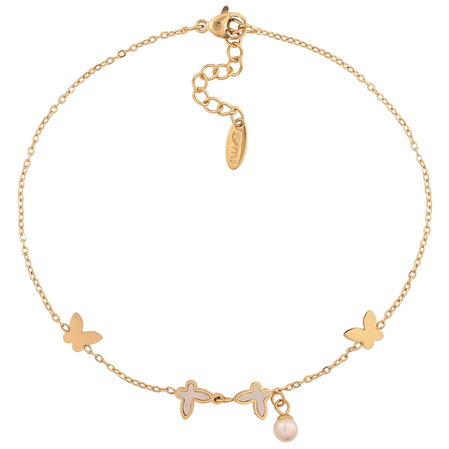 Браслет Xuping ТТМ Stainless Steel колір 14К на ногу "Ланцюжок з метеликами та перлинною підвіскою" довжина з дод. ланцюжком 23.5-26.5см х 1-7мм фото №1