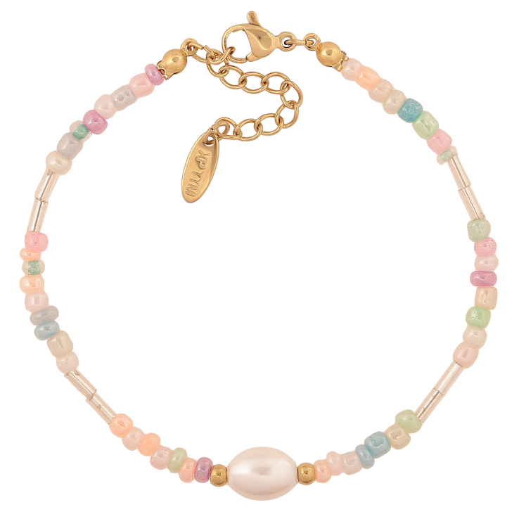 Браслет Xuping ТТМ Stainless Steel колір 14К "Нитка різнокольорового бісеру з перлинною намистиною" довжина з дод. ланцюжком 18-21.5см х 2-7мм фото №3