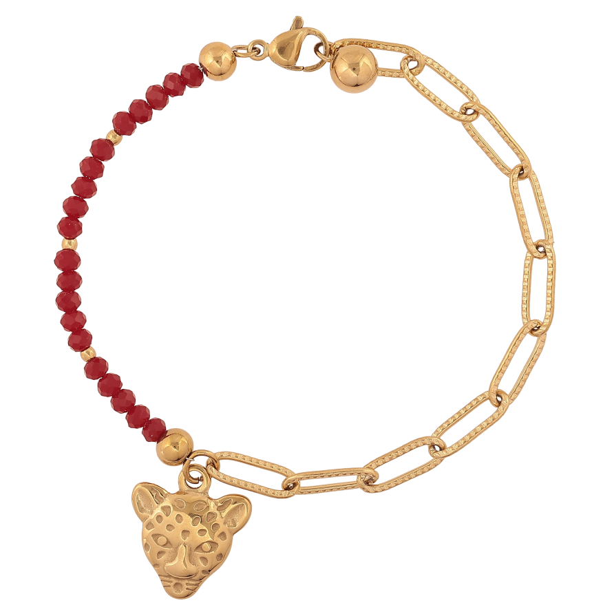 Браслет Xuping ТТМ Stainless Steel колір 14К "Бордові намистини з ланцюжком та підвіскою леопард" довжина 18.5см х 2-4мм фото №1