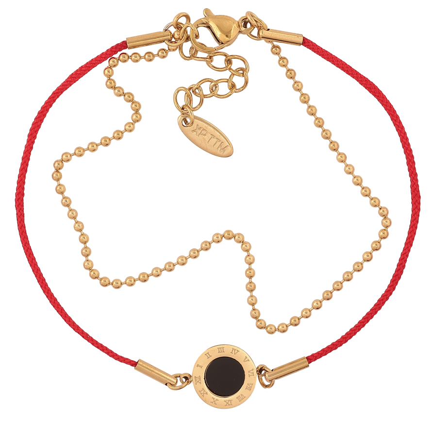 Браслет Xuping ТТМ Stainless Steel колір 14К "Ланцюжок з червоною ниткою, вставка циферблат" довжина з дод. ланцюжком 18-21.5см х 1-10мм фото №1