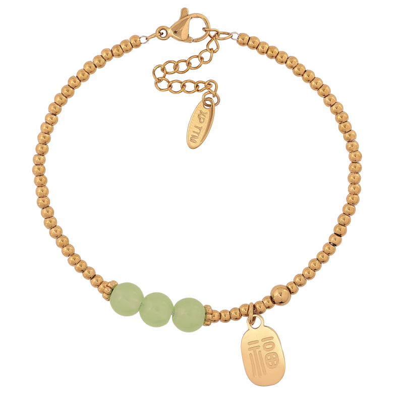 Браслет Xuping ТТМ Stainless Steel колір 14К "Золотисто-зелені намистини з підвіскою" довжина з дод. ланцюжком 17-20см х 2.5-6мм фото №1