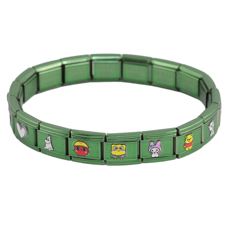 Браслет Xuping ТТМ Stainless Steel колір Родій "Зелений з мультяшними героями, шир. 9мм" ø 5.5см, розтягується фото №6 Браслет Xuping ТТМ Stainless Steel колір Родій "Зелений з мультяшними героями, шир. 9мм" ø 5.5см, розтягується фото №6