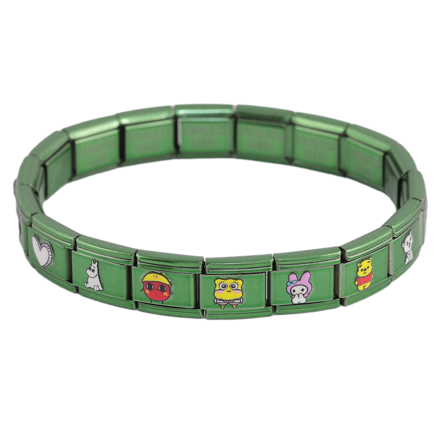 Браслет Xuping ТТМ Stainless Steel колір Родій "Зелений з мультяшними героями, шир. 9мм" ø 5.5см, розтягується фото №1 Браслет Xuping ТТМ Stainless Steel колір Родій "Зелений з мультяшними героями, шир. 9мм" ø 5.5см, розтягується фото №1