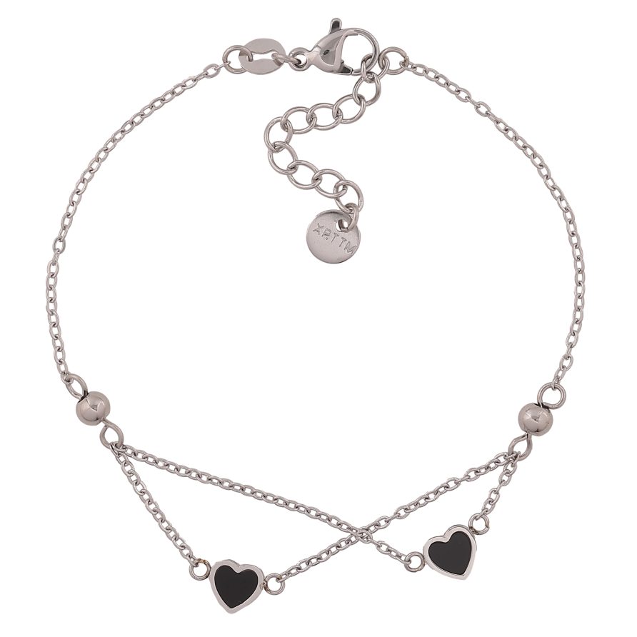Браслет Xuping ТТМ Stainless Steel цвет Родий "Цепочка с черными сердечками" длина с доп. цепочкой 18.5-21.5см х 1.5-6мм фото №1