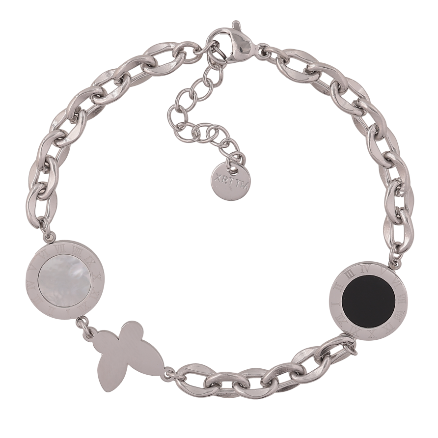 Браслет Xuping ТТМ Stainless Steel колір Родій "Ланцюжок з циферблатами та метеликом" довжина з дод. ланцюжком 17-20см х 5-12мм фото №1