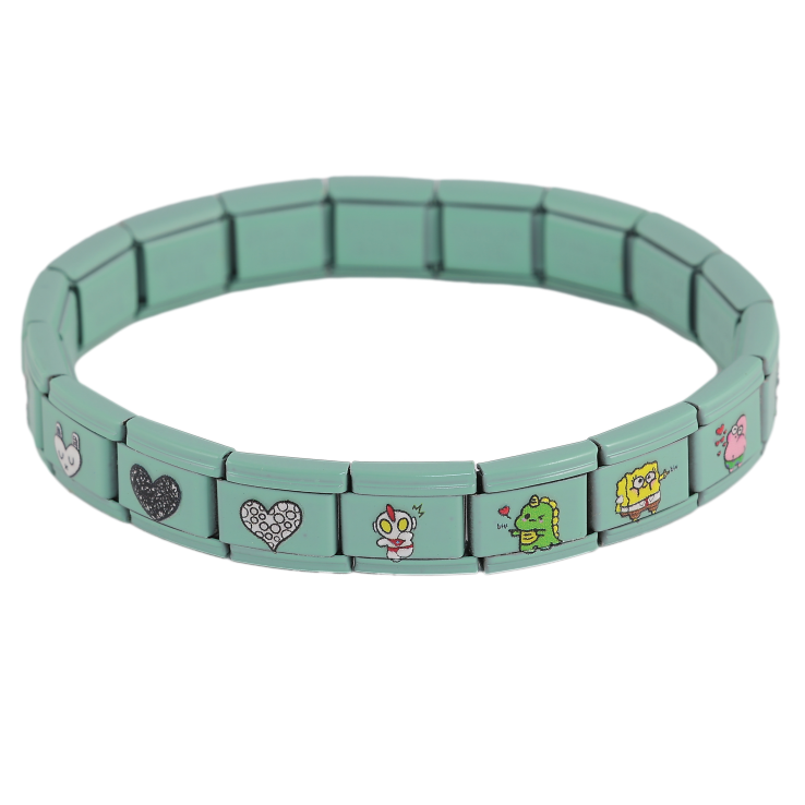 Браслет Xuping ТТМ Stainless Steel колір Родій "Зелений з мультяшними героями, шир. 9мм" ø 5.5см, розтягується фото №4 Браслет Xuping ТТМ Stainless Steel колір Родій "Зелений з мультяшними героями, шир. 9мм" ø 5.5см, розтягується фото №4