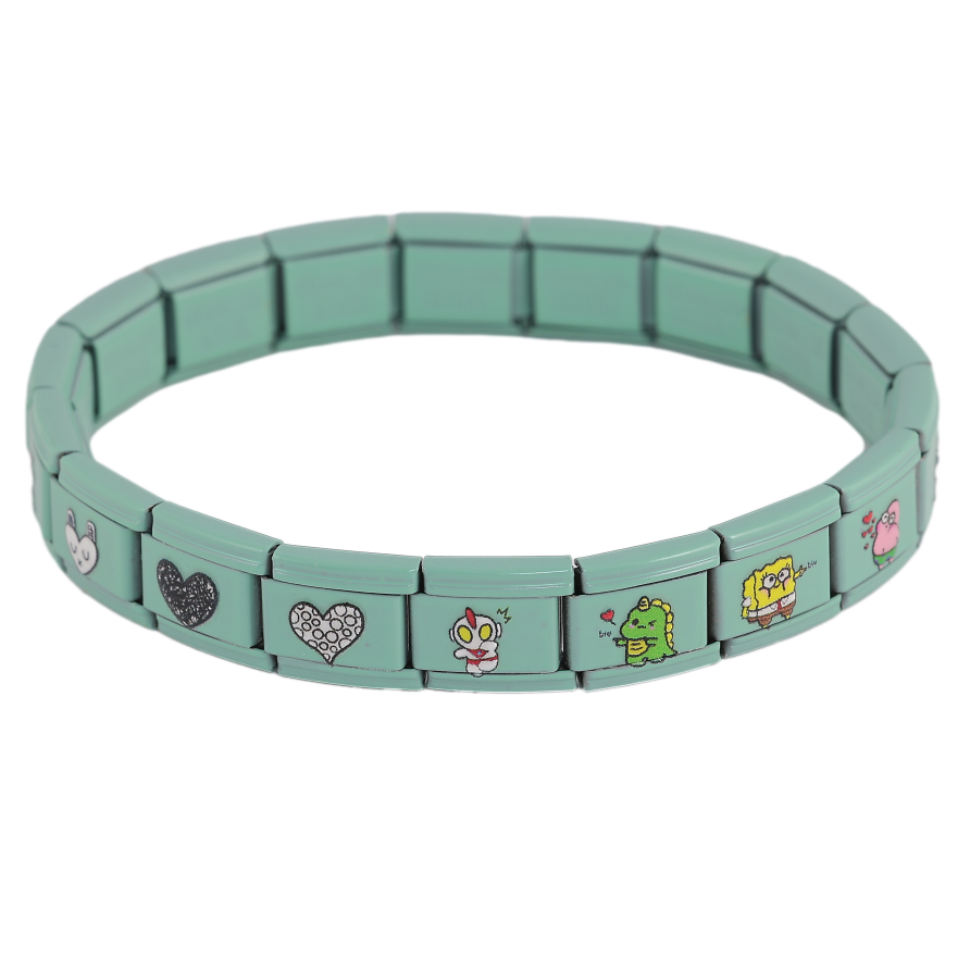 Браслет Xuping ТТМ Stainless Steel колір Родій "Зелений з мультяшними героями, шир. 9мм" ø 5.5см, розтягується фото №1 Браслет Xuping ТТМ Stainless Steel колір Родій "Зелений з мультяшними героями, шир. 9мм" ø 5.5см, розтягується фото №1