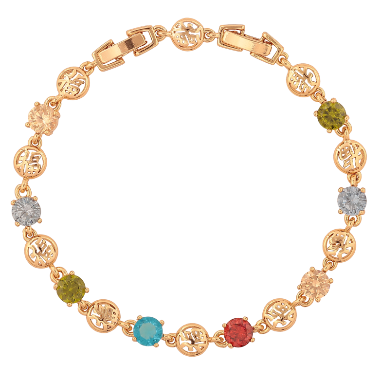 Браслет Xuping цвет Позолота 18К "Китайские иероглифы с разноцветными кристаллами" размер с доп. замком 18.5,21см х 5-7мм фото №1
